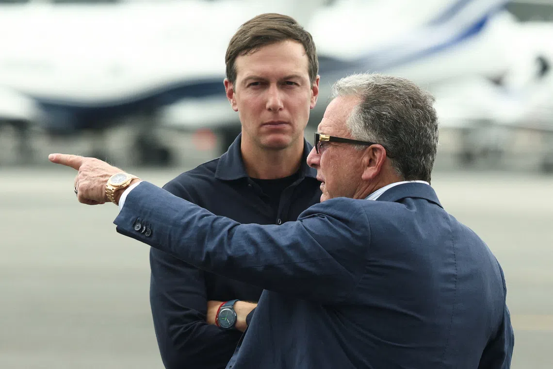 Mr Jared Kushner (left) speaking with US Special Envoy to the Middle East Steve Witkoffas in July.