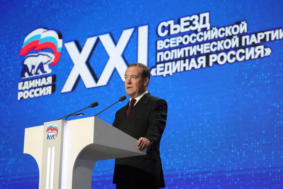 Dmitry Medvedev, Deputy Chairman of Russia's Security Council and Chairman of the United Russia political party, delivers a speech during the party's congress in Moscow, Russia, December 17, 2023. Sputnik/Yekaterina Shtukina/Pool via REUTERS