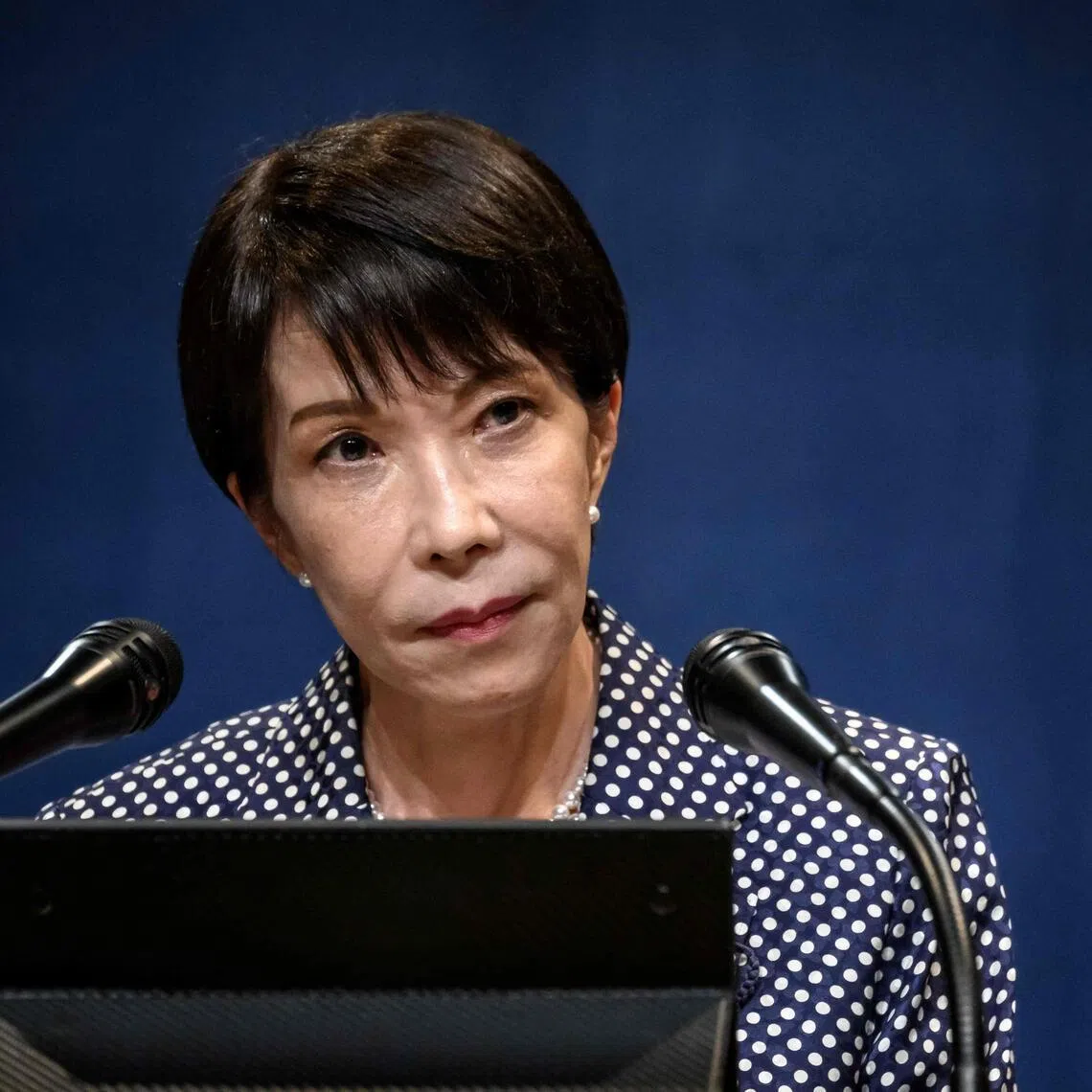 Japan’s Prime Minister Sanae Takaichi speaks during a press conference of the Group of Seven summit, in Evian, eastern France, on June 17.