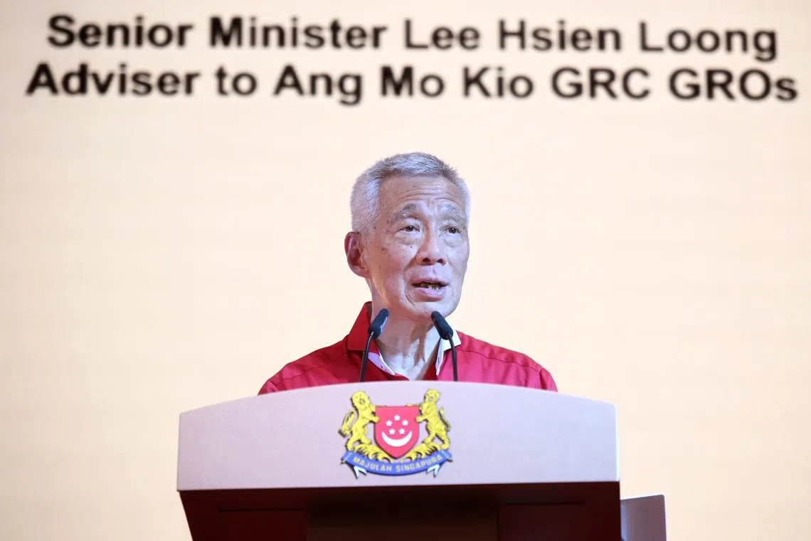 Senior Minister Lee Hsien Loong delivering a speech at the Teck Ghee Chinese New Year Dinner on Feb 28.