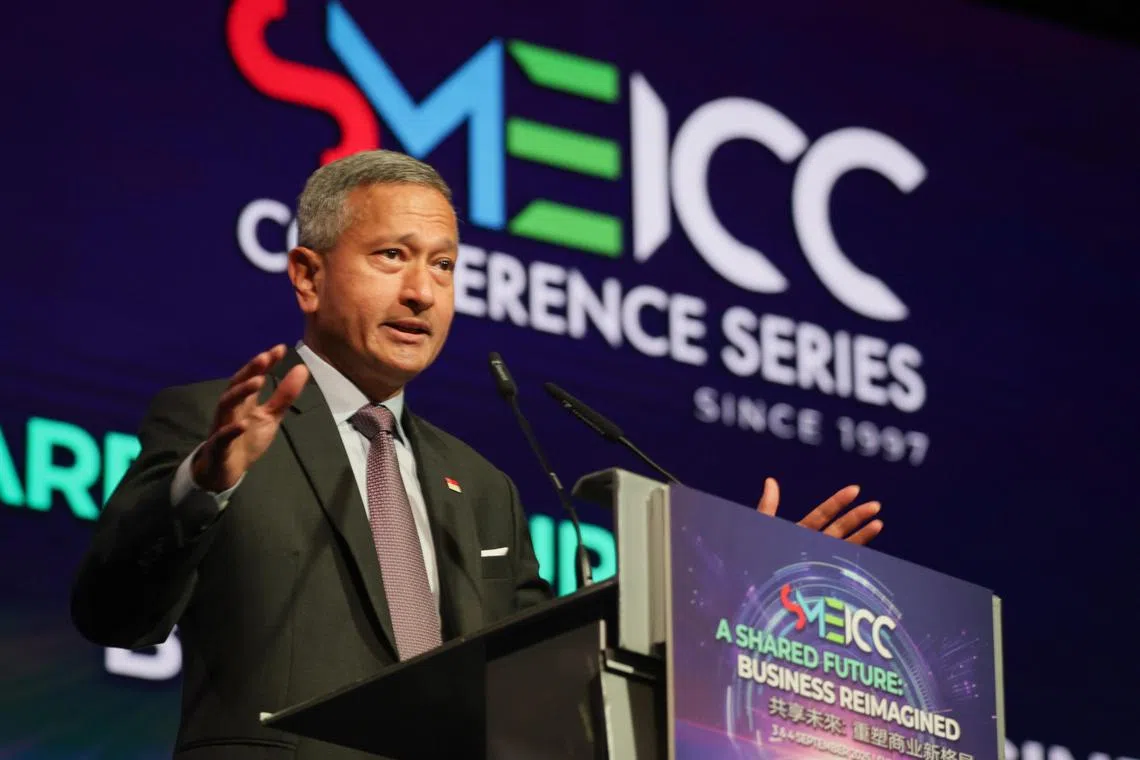 Dr Vivian Balakrishnan ?Minister for Foreign Affairs, delivers his speech during  the SMEICC Conference 2025 at Suntec Singapore Convention & Exhibition Centre, Sep 3, 2025.