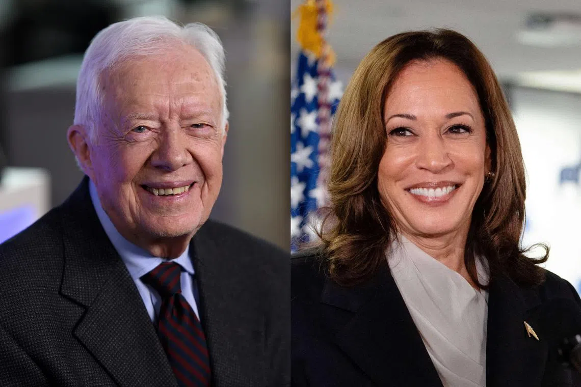 Former US president Jimmy Carter, seen here (left) in 2014, wants to vote for Democratic Vice-President Kamala Harris in the US election on Nov 5.