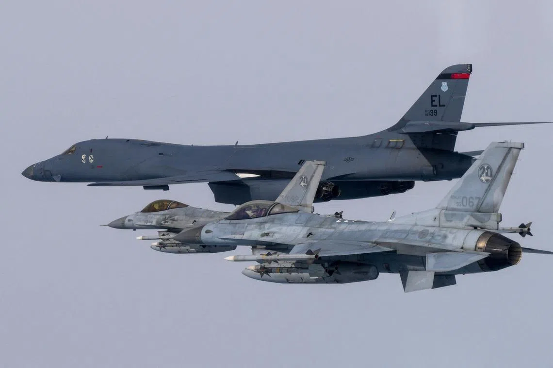A U.S. Air Force B-1B bomber and South Korean KF-16 fighter jets take part in a joint air drill in South Korea, March 3, 2023. The South Korean Defence Ministry/Handout via REUTERS/File Photo