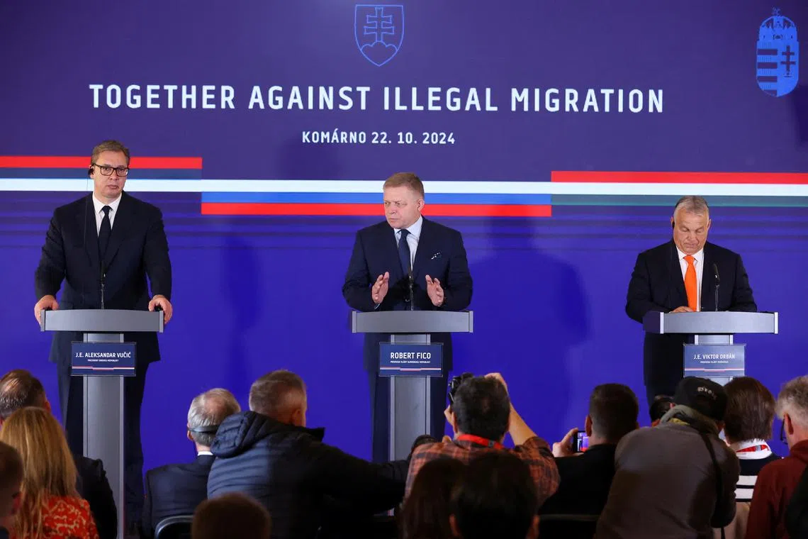 Slovakia's  Prime Minister Robert Fico, Hungarian Prime Minister Viktor Orban and Serbian President Aleksander Vucic hold a joint news conference during the Slovak, Serbian and Hungarian leaders' meeting at the New Fortress, in Komarno, Slovakia, October 22, 2024. REUTERS/Bernadett Szabo