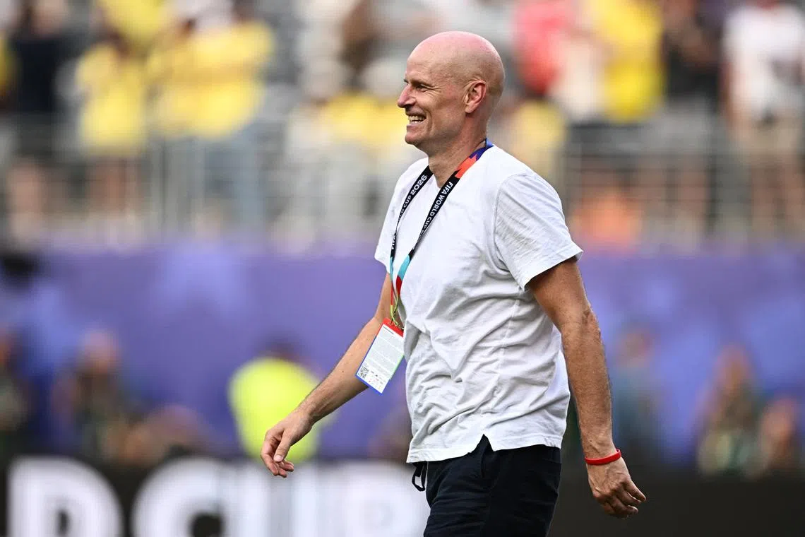 Soccer Football - FIFA World Cup 2026 - Round of 16 - Brazil v Norway - New York New Jersey Stadium, East Rutherford, New Jersey, U.S. - July 5, 2026 Norway coach Stale Solbakken celebrates after the match as Norway qualify for the quarter finals of the World Cup REUTERS/Dylan Martinez