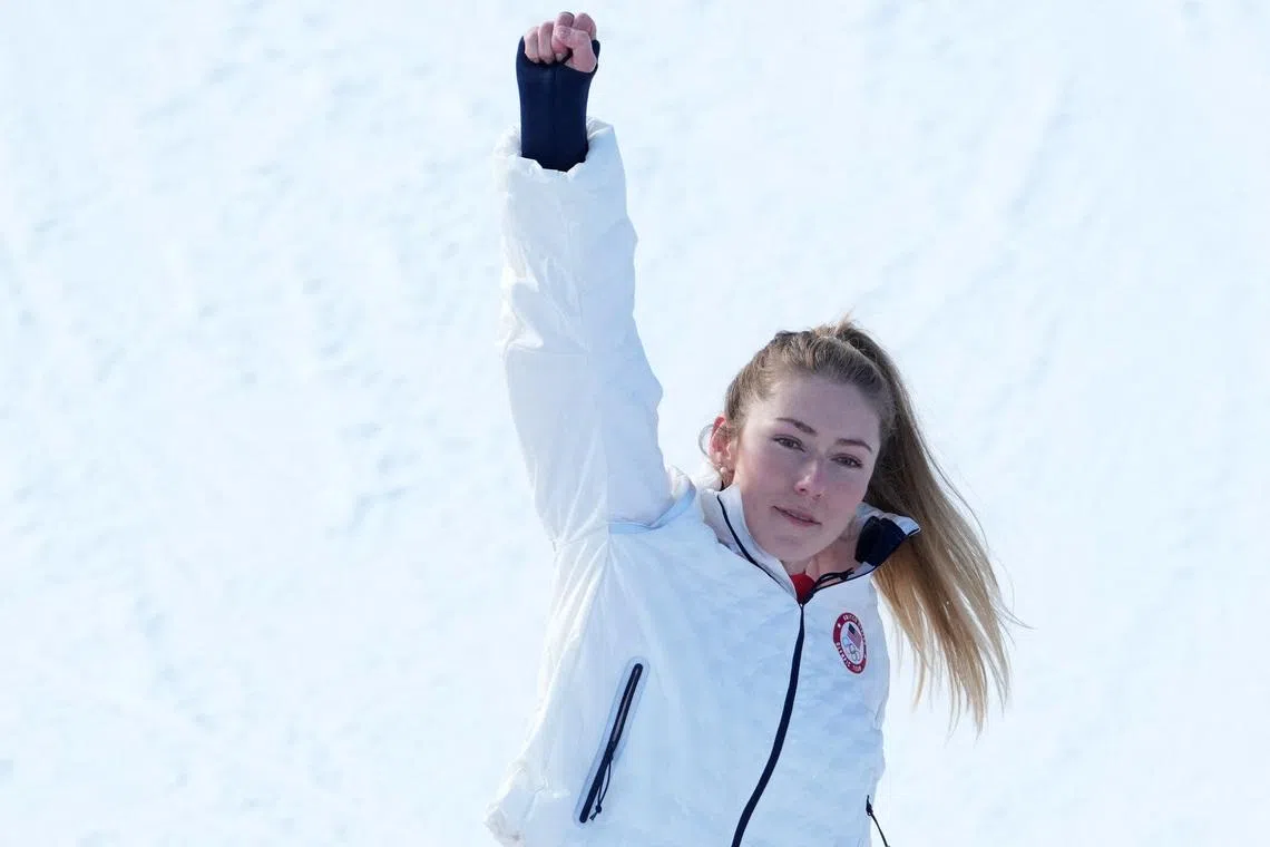 Milano Cortina 2026 Olympics - Alpine Skiing - Women's Slalom Victory Ceremony - Tofane Alpine Skiing Centre, Belluno, Italy - February 18, 2026.  Gold medallist Mikaela Shiffrin of United States celebrates on the podium REUTERS/Aleksandra Szmigiel/File Photo