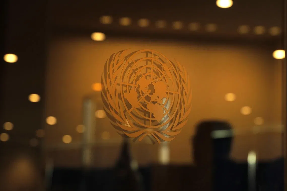 FILE PHOTO: The United Nations logo is seen at the 2019 United Nations Climate Action Summit at U.N. headquarters in New York, U.S., September 23, 2019. REUTERS/Lucas Jackson/File Photo