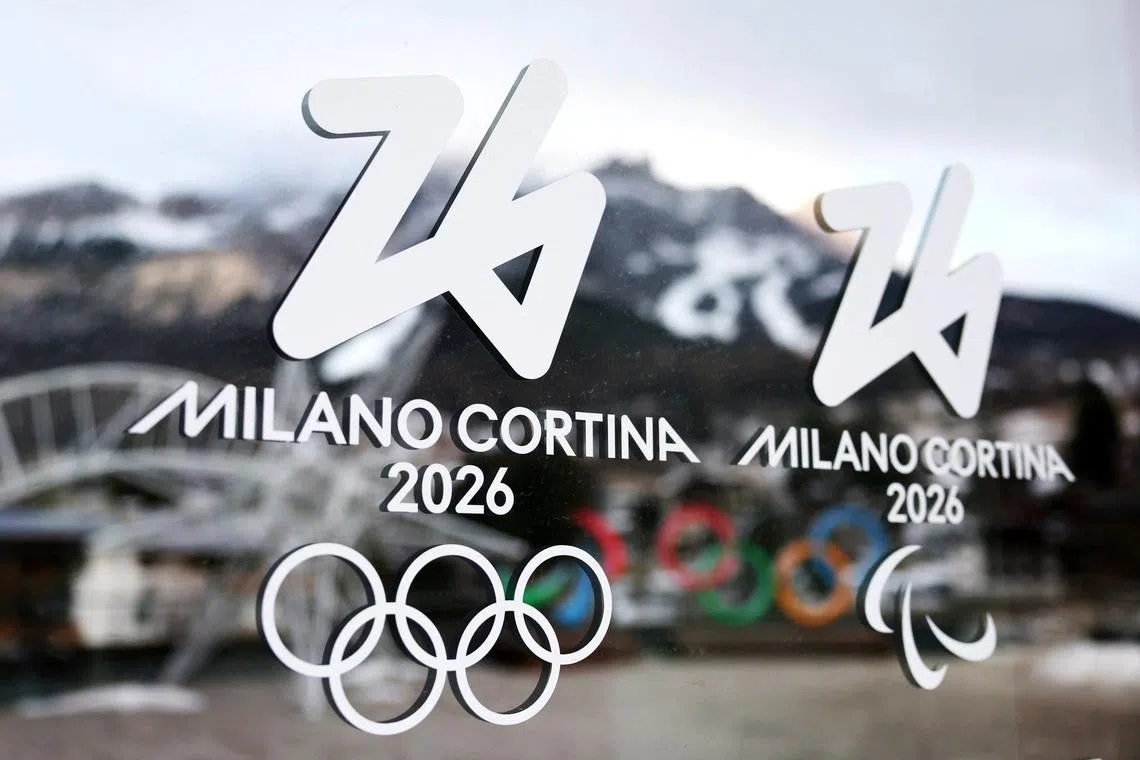 Milano Cortina Winter Olympic Games logos, ahead of Milano Cortina Winter Olympics 2026, in Cortina d’Ampezzo, Italy, December 16, 2025. REUTERS/Claudia Greco