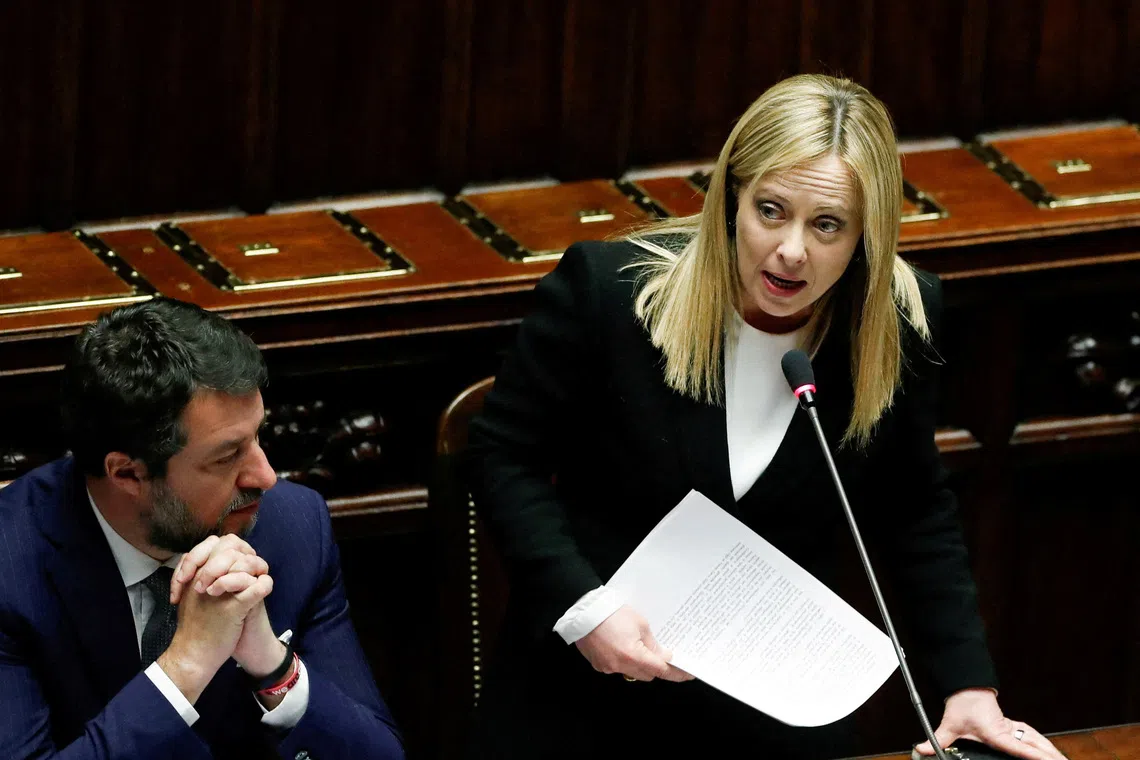 Italy's Prime Minister Giorgia Meloni, next to Deputy Prime Minister and Minister of Infrastructure and Transport Matteo Salvini, attends a question time at the lower house of parliament in Rome, Italy March 15, 2023. REUTERS/Remo Casilli