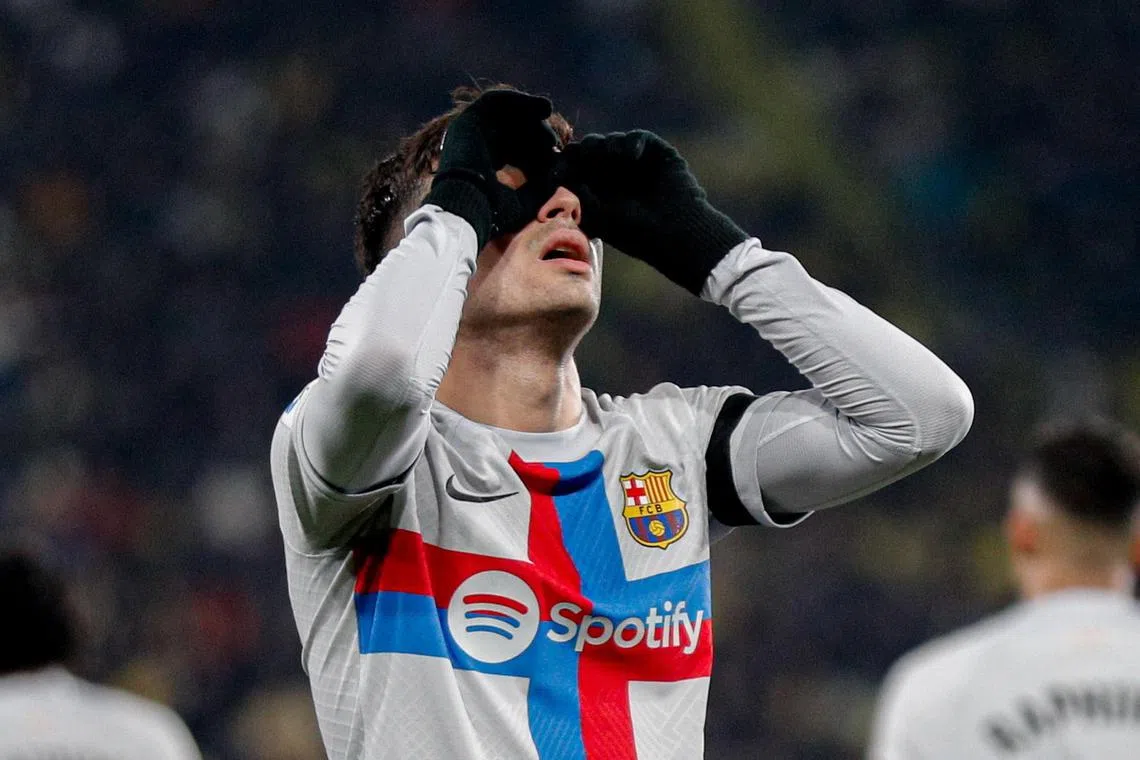 Barcelona midfielder Pedri celebrating after scoring against Villarreal in the La Liga on Sunday. The Catalan club won 1-0 on the night.