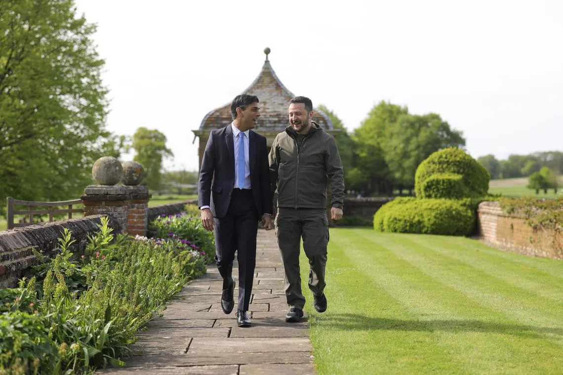 British PM Rishi Sunak (left) welcoming Ukraine President Volodymyr Zelensky at Chequers, the country house of the Prime Minister in Buckinghamshire, Britain, on May 15.