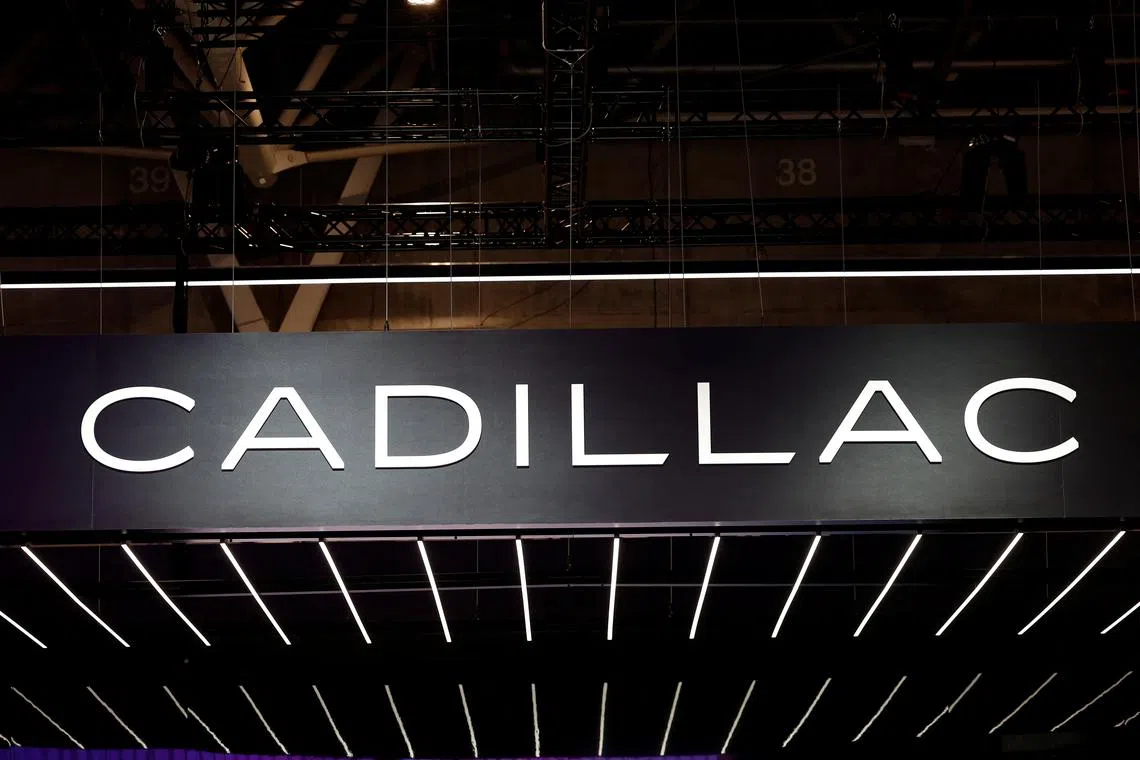 FILE PHOTO: A logo of Cadillac is seen on media day at the 2024 Paris Auto Show in Paris, France, October 14, 2024. REUTERS/Benoit Tessier/File Photo