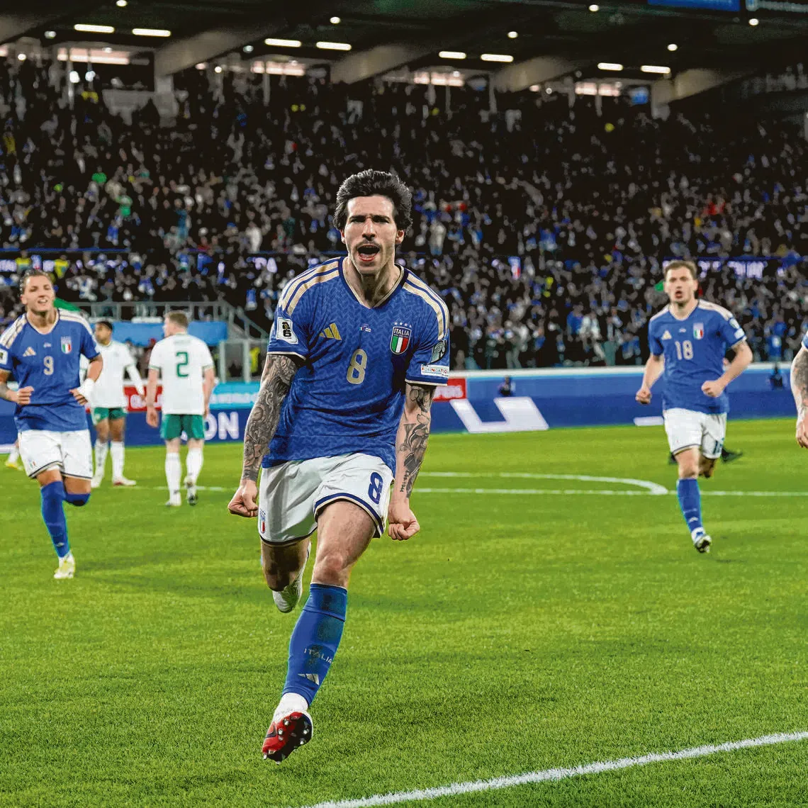 Italy's Sandro Tonali celebrates scoring against Northern Ireland in their World Cup play-off semi-final.