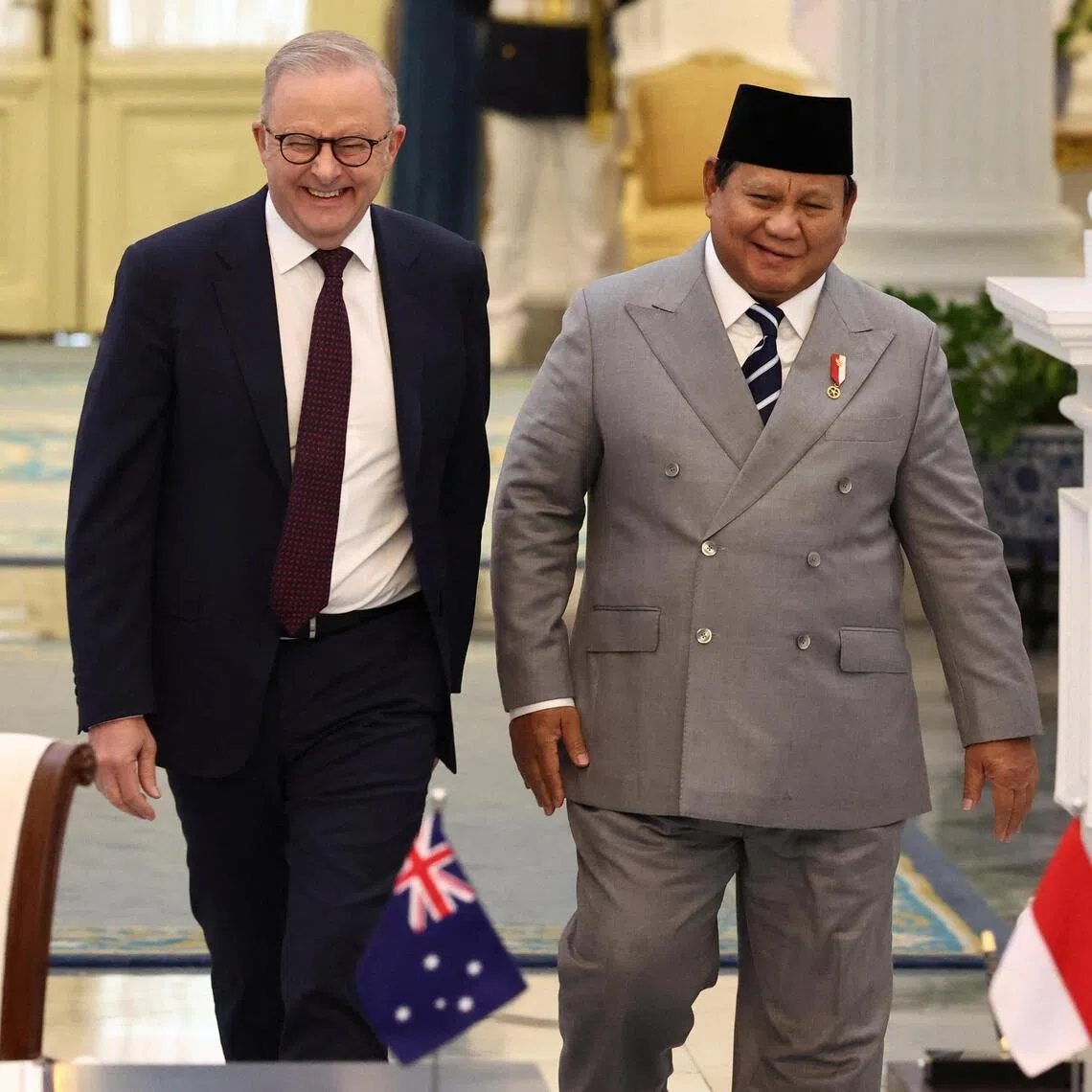 Australian Prime Minister Anthony Albanese and Indonesian President Prabowo Subianto arrive for a signing ceremony on a security agreement between the two countries, following their meeting at the Merdeka Palace in Jakarta, Indonesia, on Feb 6.