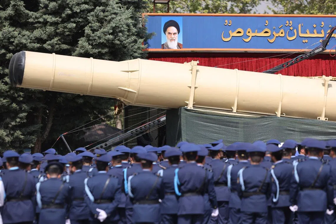 An Iranian missile is seen during the National Army Day parade ceremony in Tehran, Iran, April 17, 2024. Majid Asgaripour/WANA (West Asia News Agency) via REUTERS/File Photo
