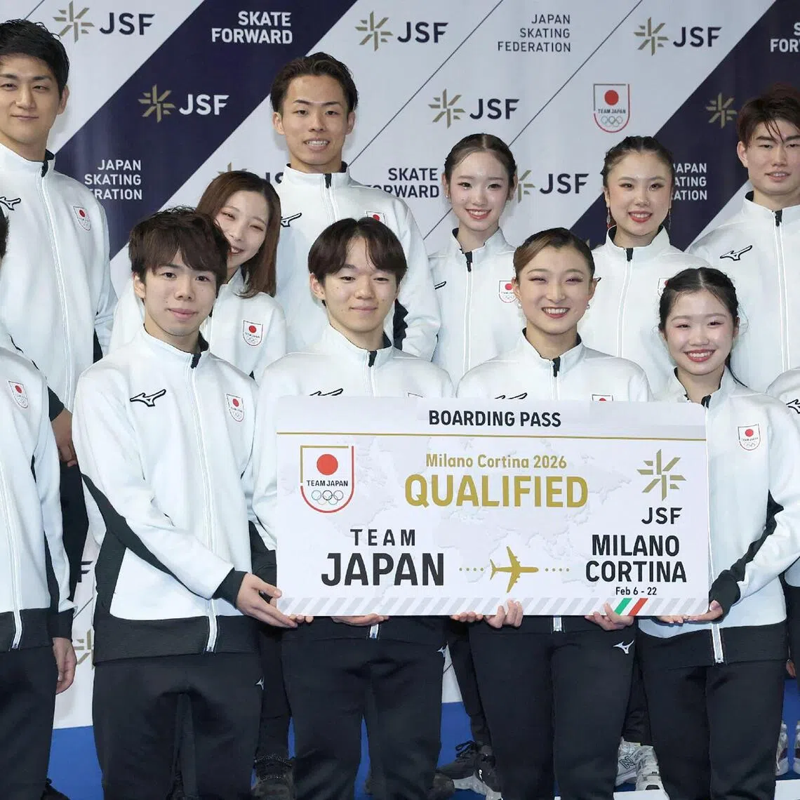 The Japanese team, who have been selected to represent their country at the Milan-Cortina Winter Olympics, pose for photos at a press conference after the figure skating national championships in Tokyo on Dec 21.