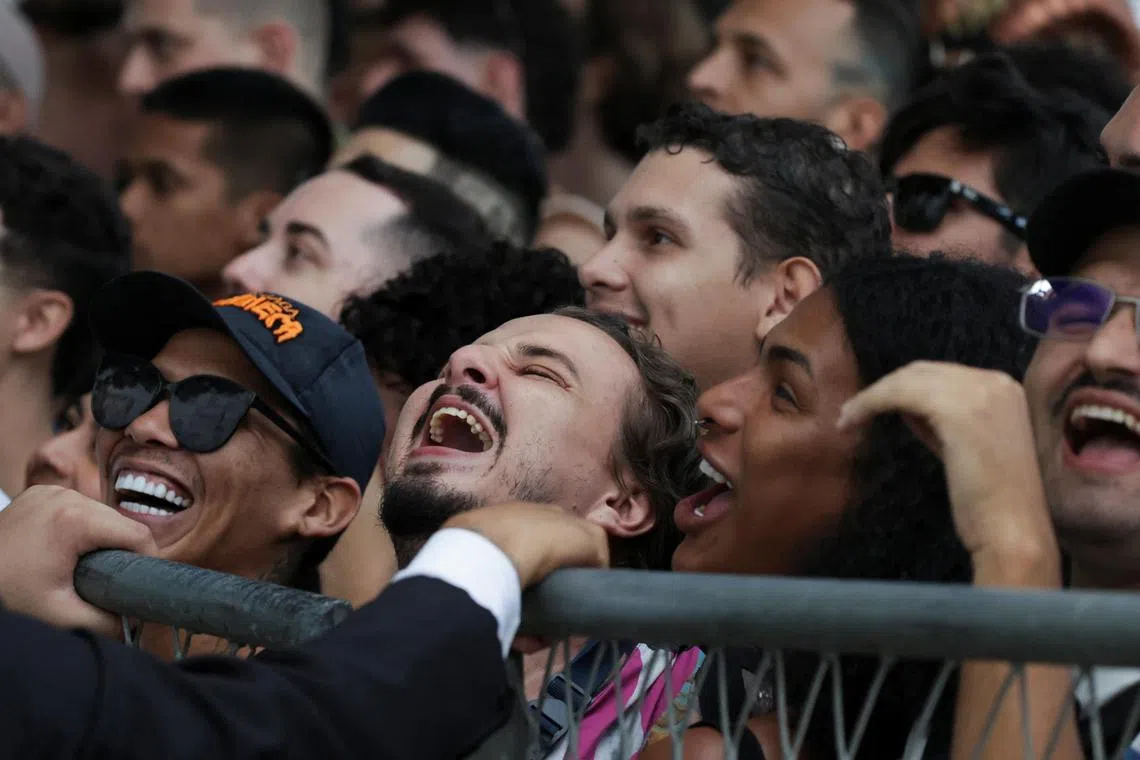 Lady Gaga fans gathering outside the Copacabana Palace hotel on April 30, ahead of her May 3 Copacabana beach concert in Brazil's Rio de Janeiro.