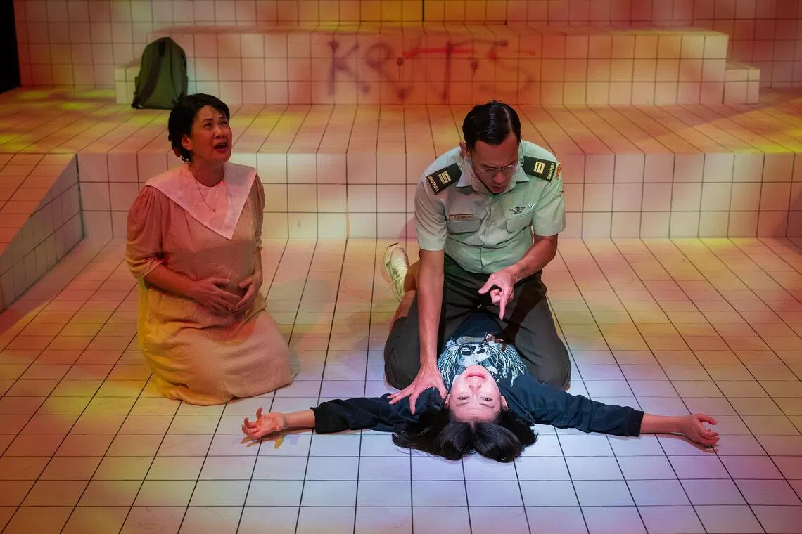 (From left) Karen Tan, Shane Mardjuki and Coco Wang in The Serangoon Gardens Techno Party Of 1993. 