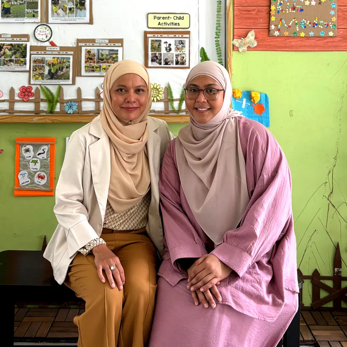 Madam Norliza Amin (left), Kidz Meadow’s head of operations and quality assurance, and Madam Siti Shahidah Samat, a centre leader at Kidz Meadow Childcare and Development Centre (Yew Tee).