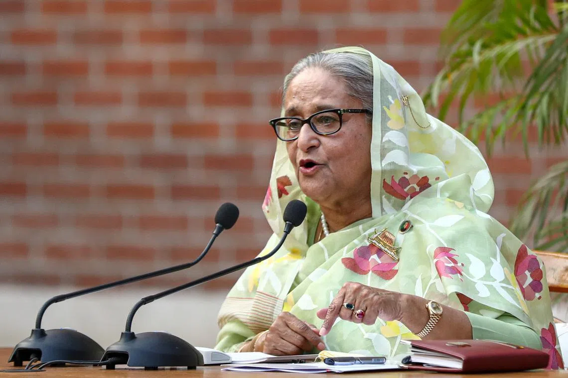 Sheikh Hasina, the newly elected Prime Minister of Bangladesh and Chairperson of Bangladesh Awami League, speaks during a meeting with foreign observers and journalists at the Prime Minister's residence in Dhaka, Bangladesh, January 8, 2024. REUTERS/Mohammad Ponir Hossain/ File Photo
