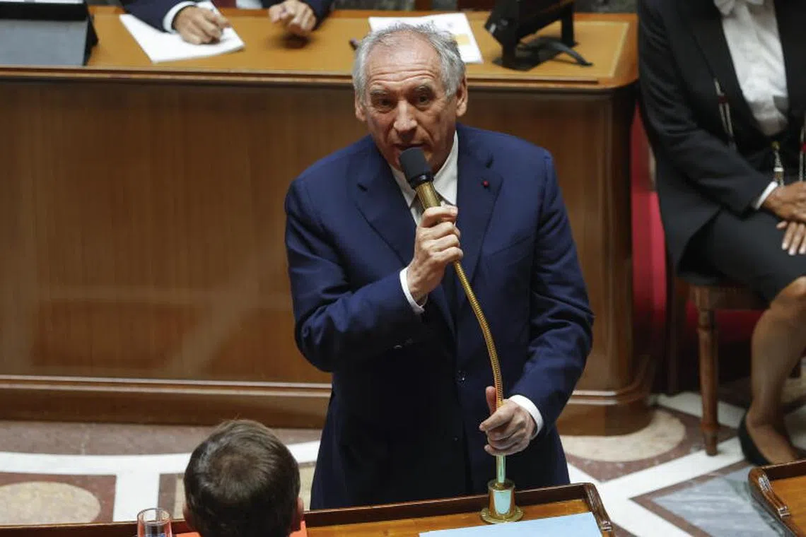 French Prime Minister Francois Bayrou giving a speech prior to the vote of confidence at the French National Assembly in Paris.