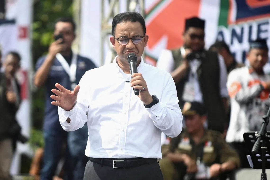 FILE PHOTO: Presidential candidate Anies Baswedan reacts while delivering a speech during his campaign rally in Banda Aceh, Indonesia, January 27, 2024. REUTERS/Riska Munawarah/File Photo
