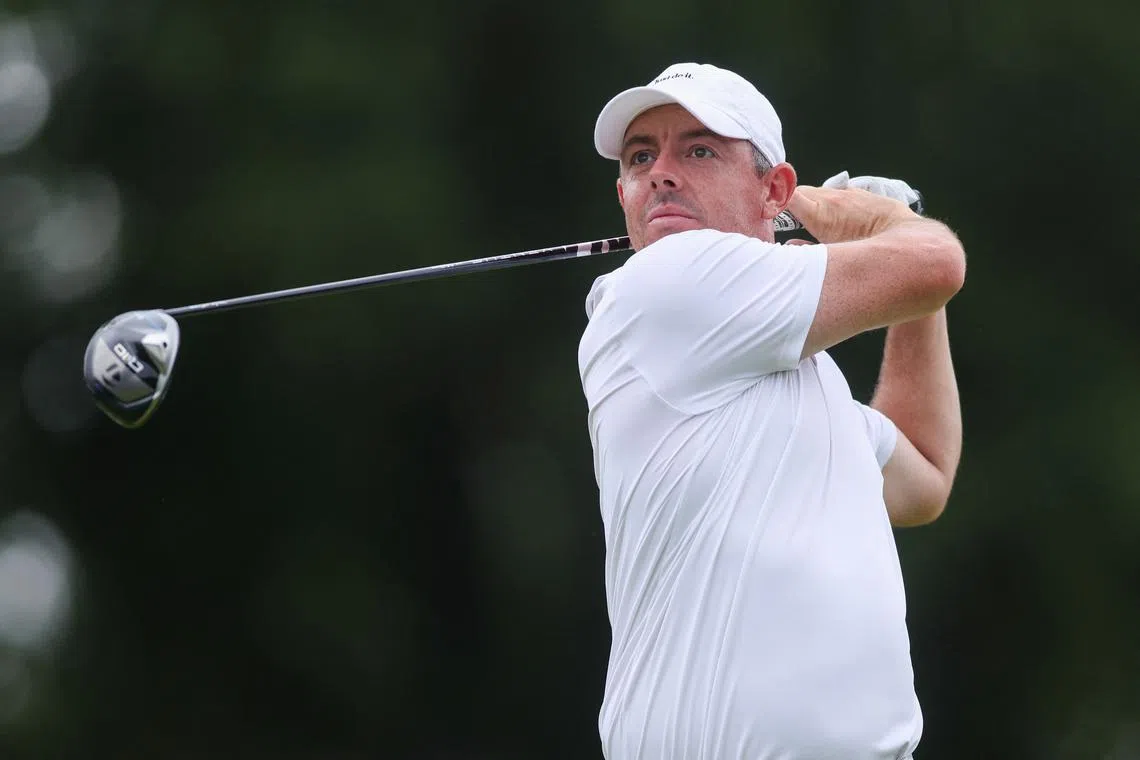 FILE PHOTO: Aug 23, 2025; Atlanta, Georgia, USA; Rory McIlroy plays his shot from the 18th tee during the third round of the TOUR Championship golf tournament. Mandatory Credit: Brett Davis-Imagn Images/File Photo