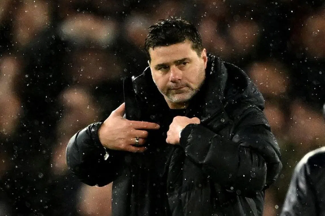FILE PHOTO: Soccer Football - Premier League - Chelsea v Brighton & Hove Albion - Stamford Bridge, London, Britain - December 3, 2023  Chelsea manager Mauricio Pochettino reacts after the match REUTERS/Dylan Martinez/File Photo