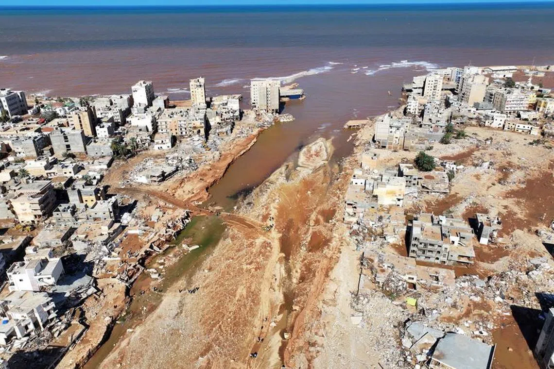 FILE PHOTO: A view shows the damaged areas, in the aftermath of the floods in Derna, Libya, September 13, 2023, in this picture obtained from social media. Marwan Alfaituri/via REUTERS/File photo