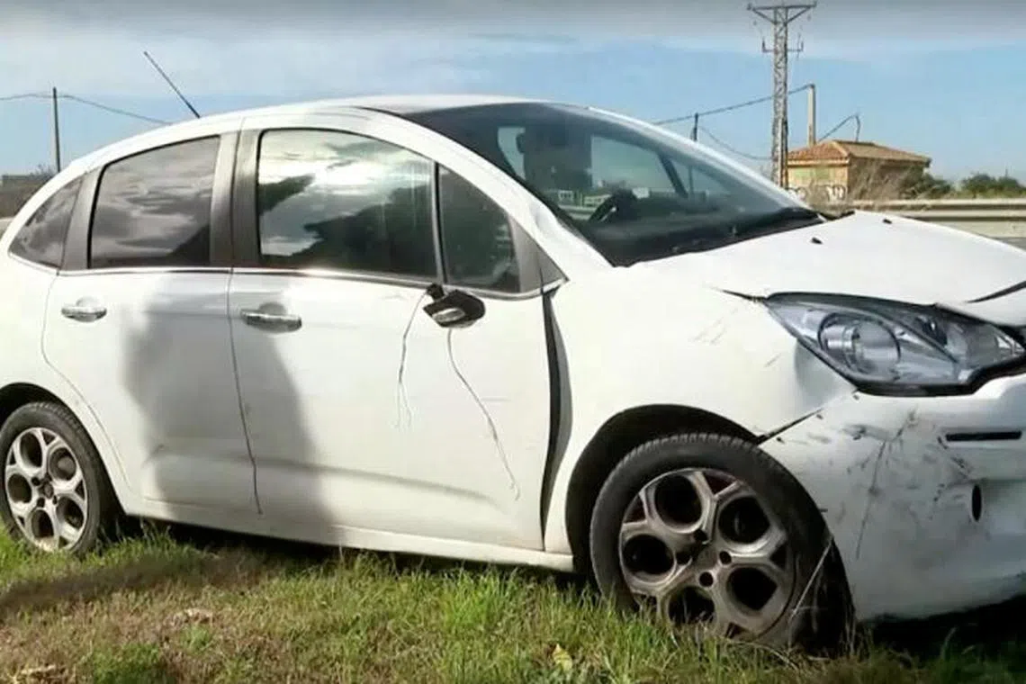 The car which rammed into six cyclists of the German national track cycling team, Benjamin Boos, Tobias Buck-Gramcko, Bruno Kessler, Moritz Augenstein, Louis Gentzik and Max-David Briesewere is seen next to the highway in Mallorca, Spain, in this screen grab from a video obtained by Reuters on January 27, 2025. FORTA via REUTERS TV Six athletes of the German national track cycling team suffered injuries on Monday (January 27) when their group was hit by a car driven by an 89-year-old man on the Spanish island of Mallorca, the German Cycling Federation said. SPAIN OUT. NO COMMERCIAL OR EDITORIAL SALES IN SPAIN