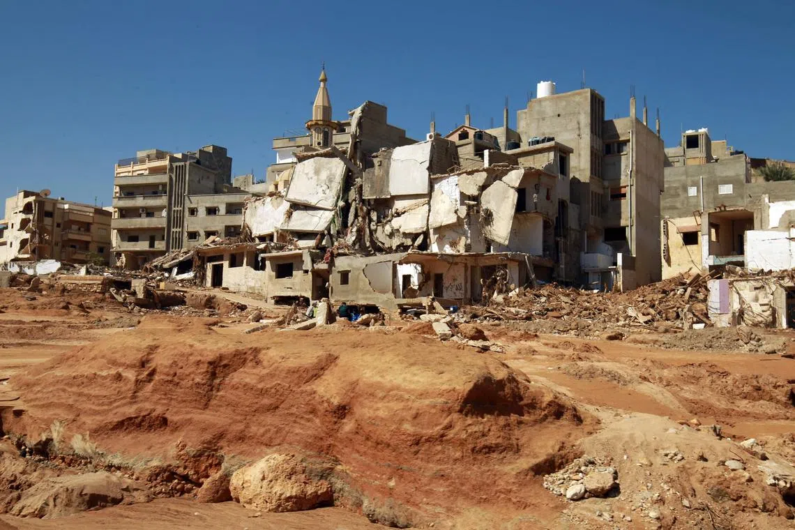 A view of damaged homes after the Mediterranean storm "Daniel" hit Libya's eastern city of Derna, on Sept 15, 2023.