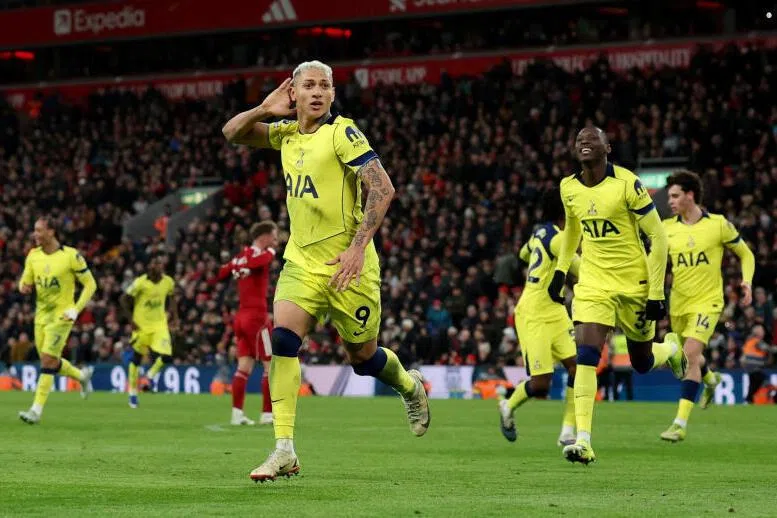 Tottenham Hotspur’s Richarlison celebrates scoring their equaliser against Liverpool.