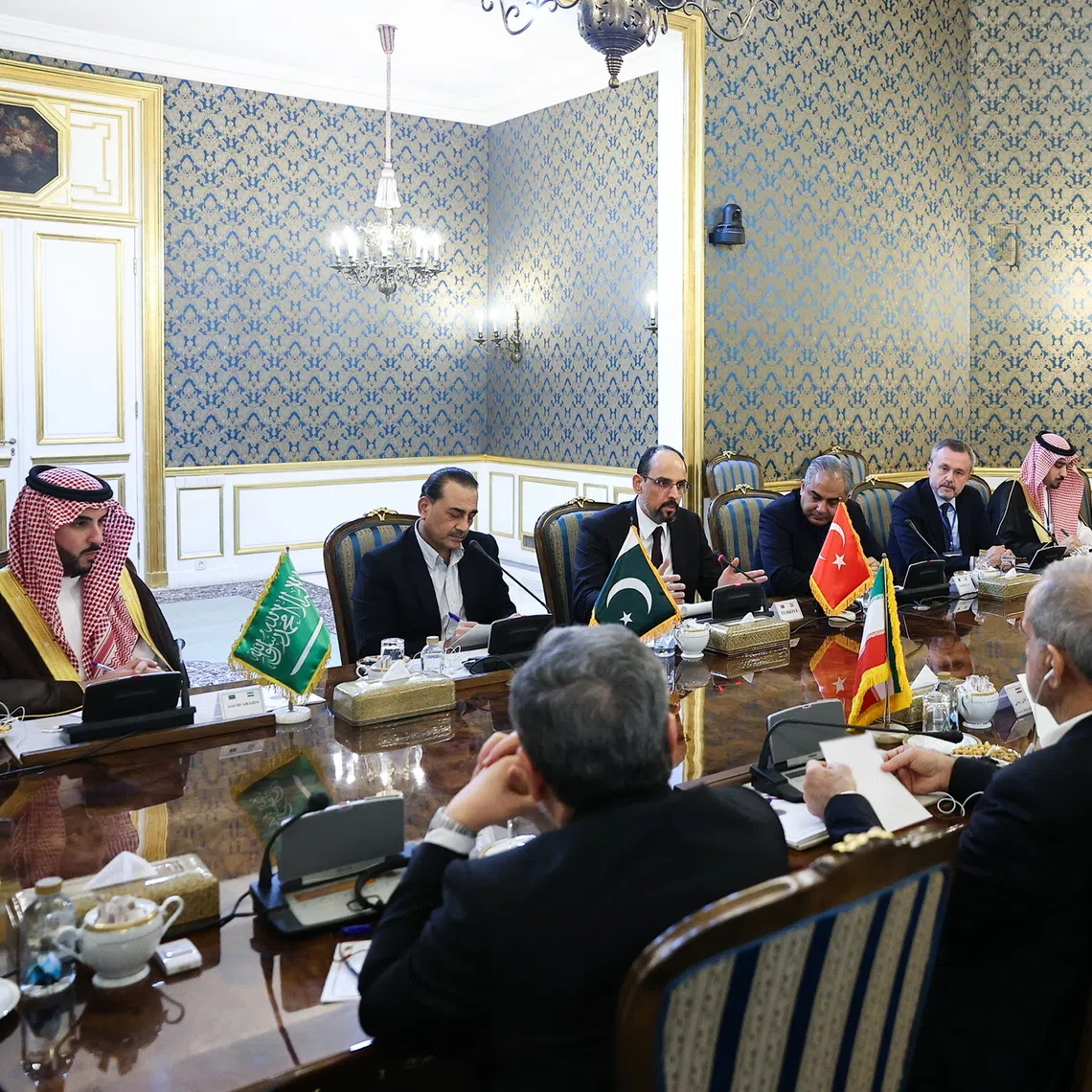 (From left) Saudi Defence Minister Prince Khalid bin Salman; Pakistan’s army chief, Field Marshal Asim Munir; and Turkish intelligence chief Ibrahim Kalin during talks with Iran in Tehran on Oct 26.