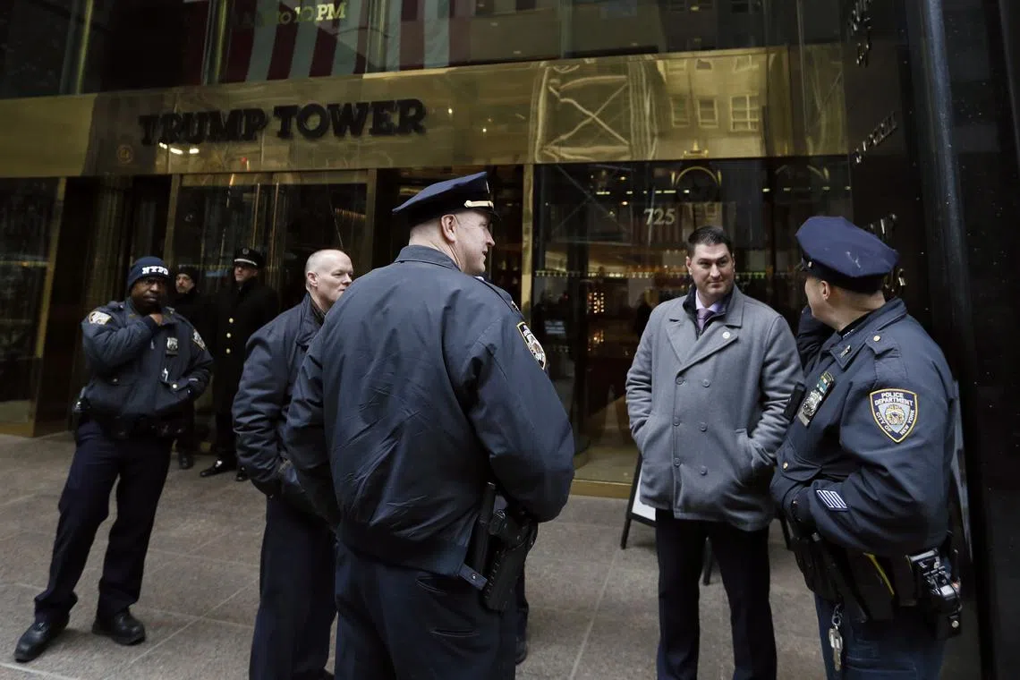 Police officers gathering in front of Trump Tower in New York on March 31. 