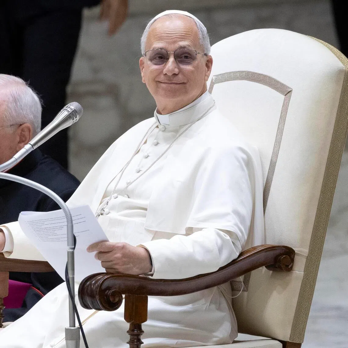 Pope Leo XIV attends the Jubilee of Roma, Sinti, and Travellers in the Paul VI Hall in the Vatican on Oct 18, 2025. 