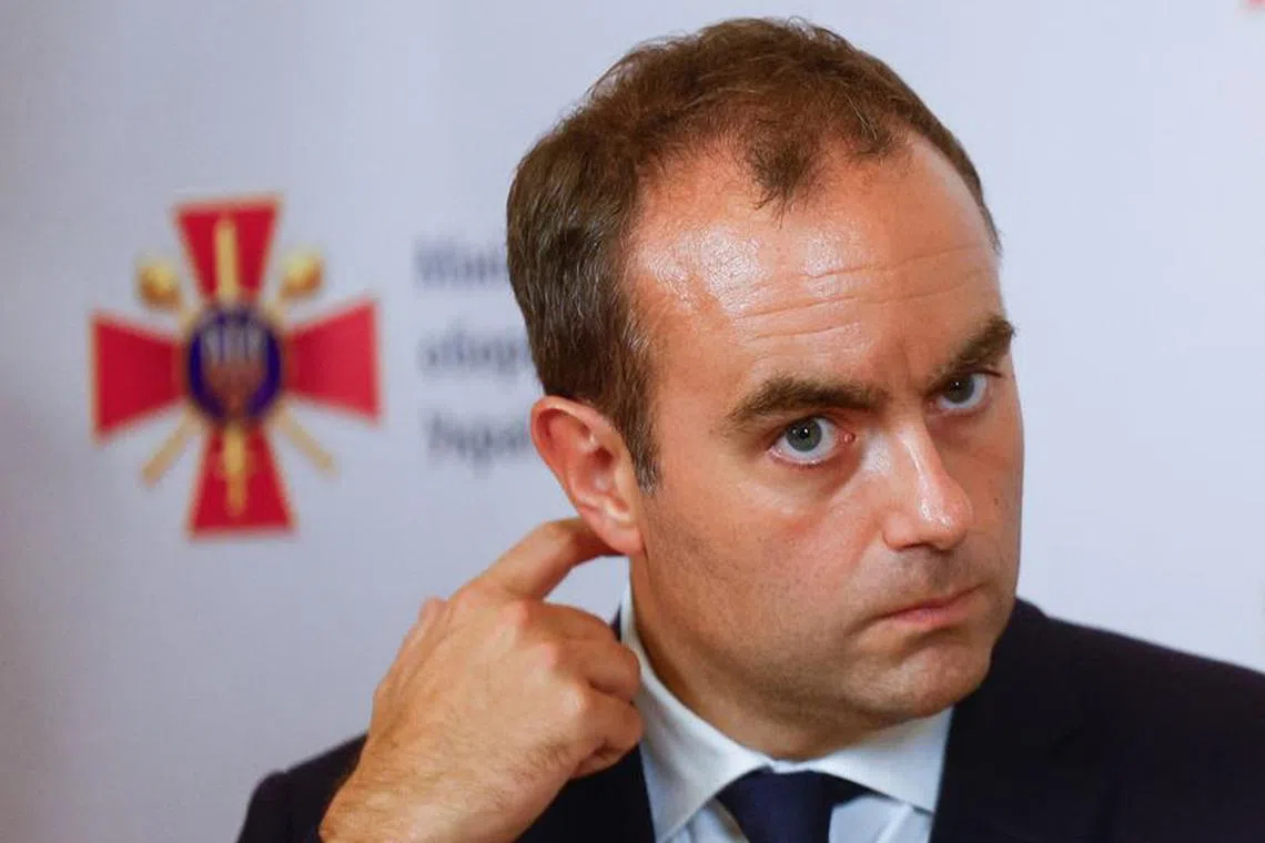 French Defence Minister Sebastien Lecornu speaks during a joint press briefing with his Ukrainian counterpart Rustem Umerov amid Russia's attack on Ukraine, in Kyiv, Ukraine September 28, 2023. REUTERS/Valentyn Ogirenko/File Photo