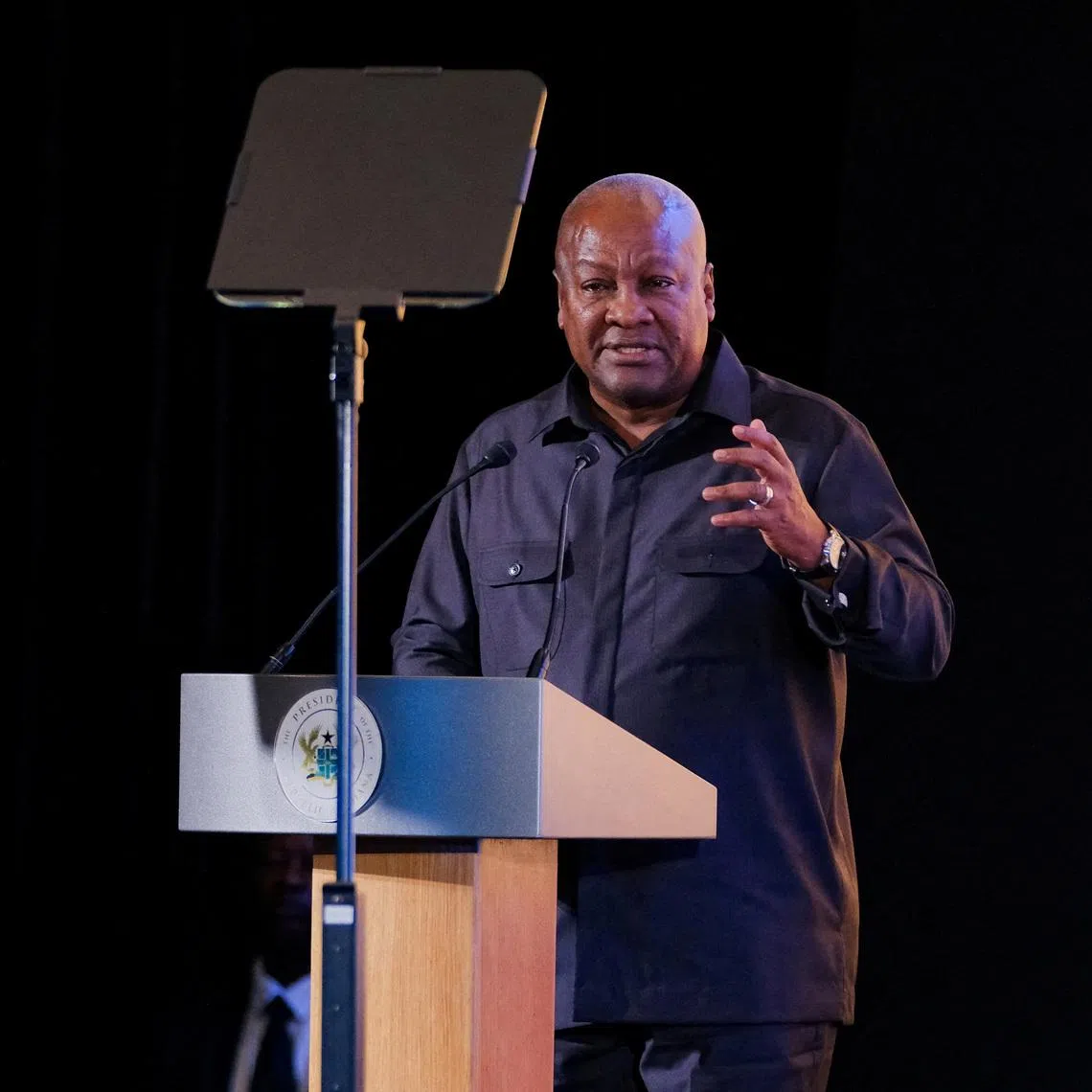 FILE PHOTO: Ghana's President John Dramani Mahama gives a speech during the High-Level Consultative Conference On The Next Steps To The Landmark United Nations Resolution On The Trafficking Of Enslaved Africans, in Accra, Ghana, June 18, 2026. REUTERS/Francis Kokoroko/File Photo