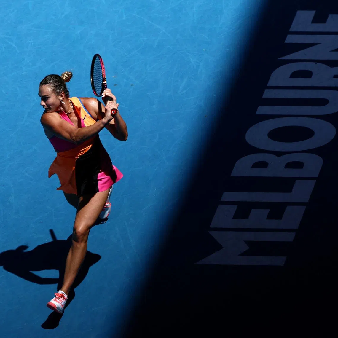 Tennis - Australian Open - Melbourne Park, Melbourne, Australia - January 27, 2026 Belarus' Aryna Sabalenka in action during her quarter final match against Iva Jovic of the U.S. REUTERS/Tingshu Wang