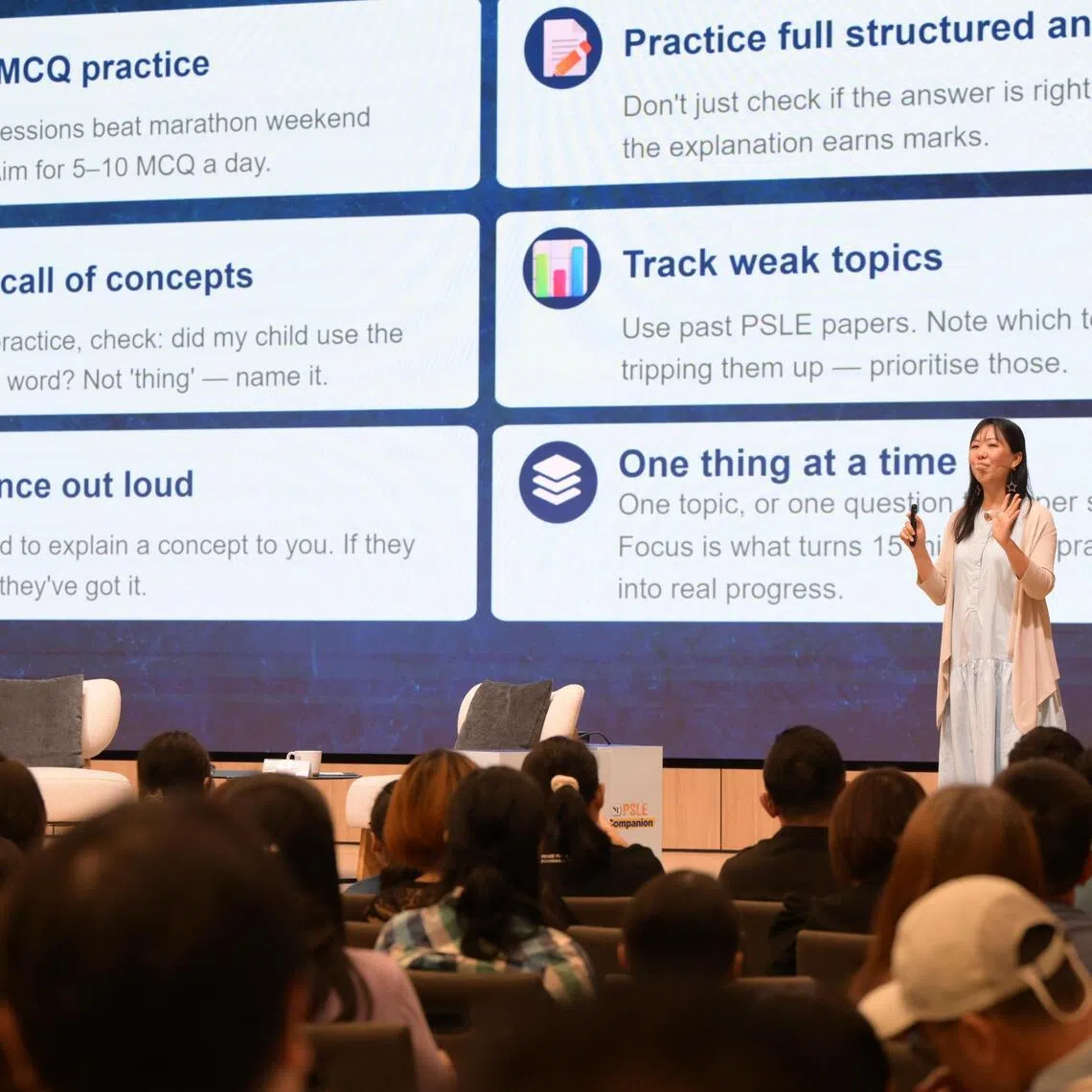 BlueTree Education co-founder and former PSLE chief examiner Jolene Ang speaking at the ST PSLE Essential Exam Strategies Workshop on July 11.