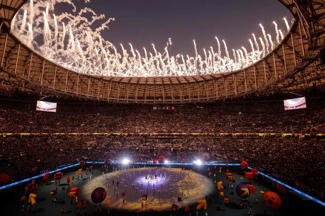 Fireworks go off as artists perform during the closing ceremony of the Qatar 2022 World Cup ahead of the football final match between Argentina and France on Sunday.