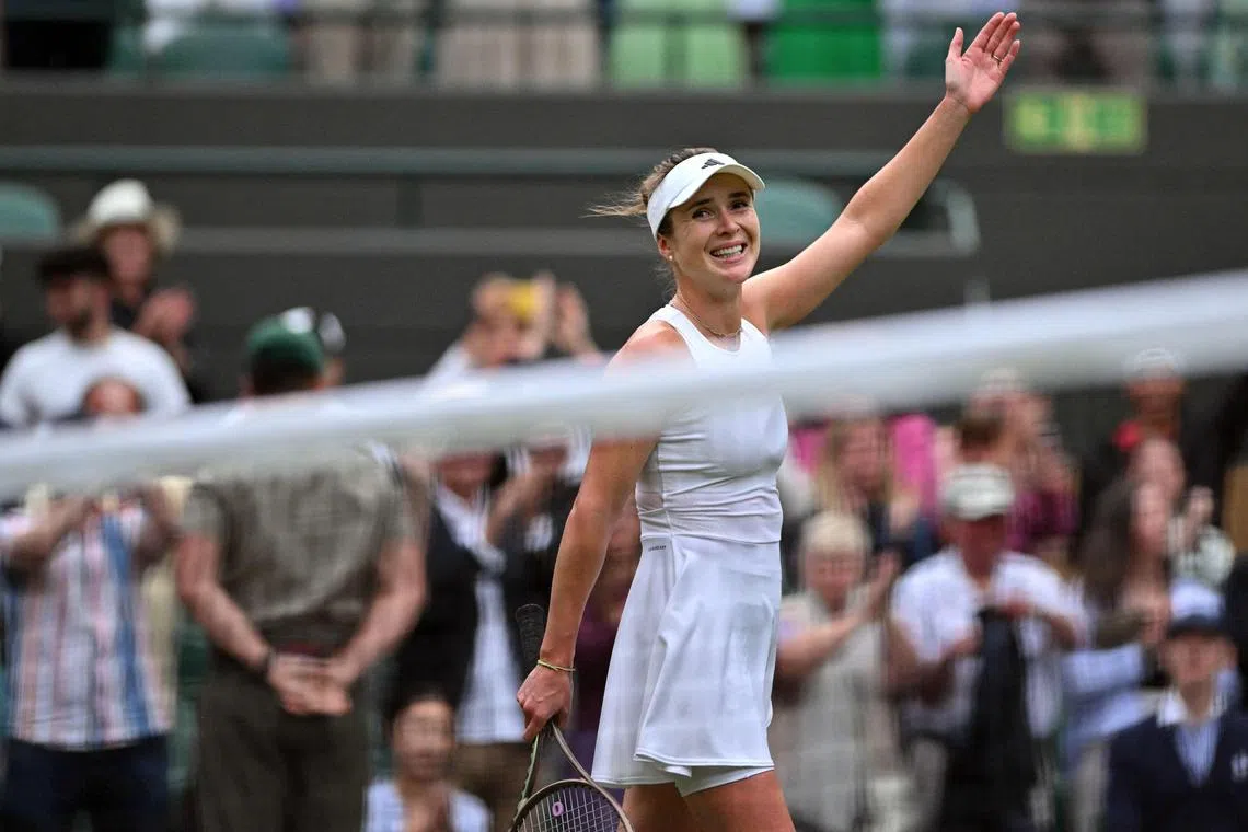 Ukraine's Elina Svitolina celebrates beating Belarus' Victoria Azarenka during their women's singles tennis match.
