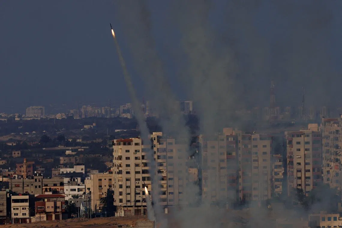 Rockets are fired from Gaza towards Israel, in Gaza.