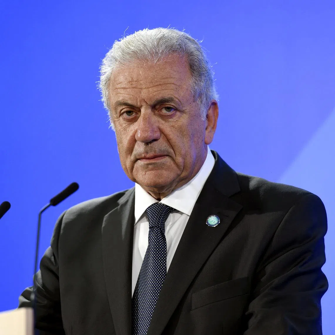 European Commissioner for Migration and Home Affairs Dimitris Avramopoulos attends a news conference in Helsinki, Finland, July 18, 2019.   Lehtikuva/Emmi Korhonen via REUTERS