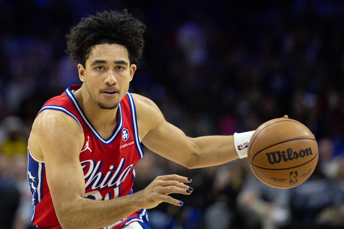 Dec 13, 2024; Philadelphia, Pennsylvania, USA; Philadelphia 76ers guard Jared McCain (20) in action against the Indiana Pacers at Wells Fargo Center. Bill Streicher-Imagn Images/File Photo