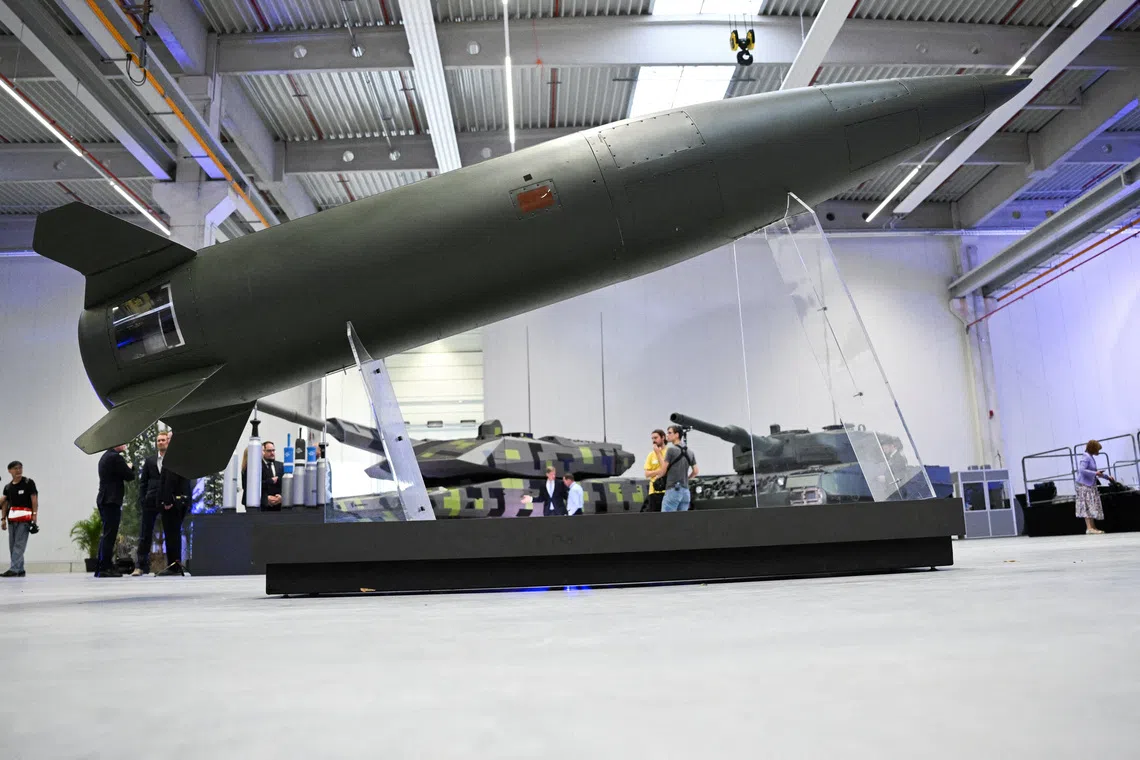 An Army Tactical Missile System is displayed during the inauguration of a new artillery plant run by Rheinmetall, in Unterluess, Germany.