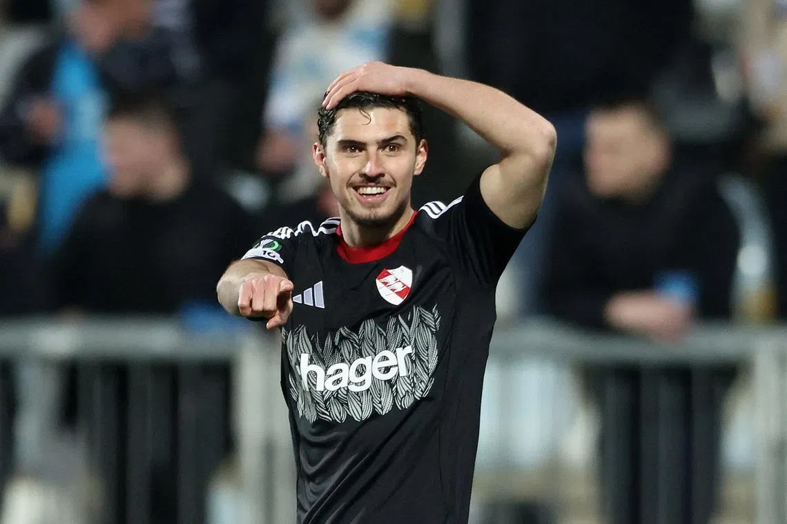 Soccer Football - UEFA Conference League - Round of 16 - First Leg - Rijeka v RC Strasbourg - Stadion HNK Rijeka, Rijeka, Croatia - March 12, 2026 RC Strasbourg's Joaquin Panichelli celebrates scoring their first goal REUTERS/Antonio Bronic