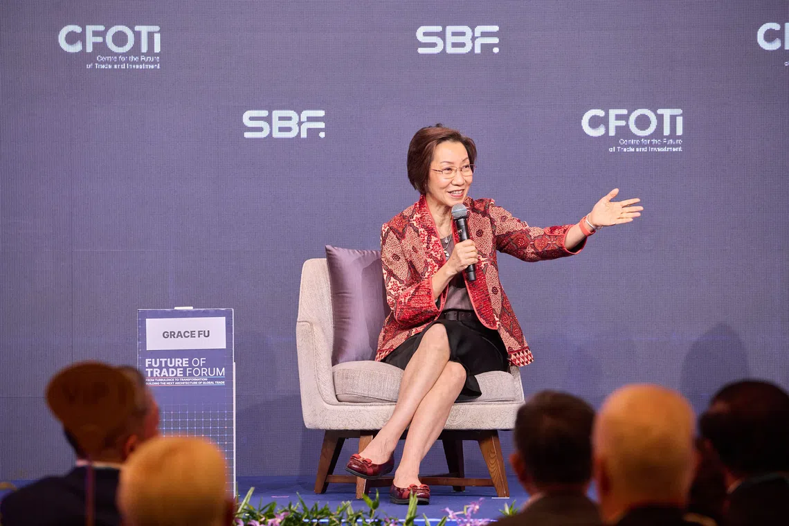 Minister-in-charge of Trade Relations Grace Fu speaking during a fireside chat at the Future of Trade Forum on Sept 30.