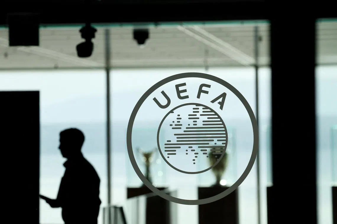 FILE PHOTO: Soccer Football - Euro 2028 & Euro 2032 Hosts Announcement - Nyon, Switzerland - October 10, 2023 The UEFA logo is pictured at the headquarters ahead of the announcement REUTERS/Denis Balibouse/File Photo