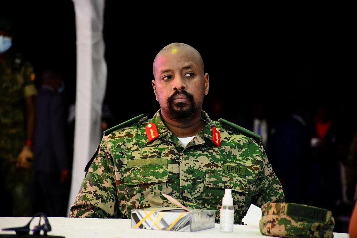 Lt. General Muhoozi Kainerugaba, the son of Uganda's President Yoweri Museveni, who leads the Ugandan army's land forces, looks on during his birthday party in Entebbe, Uganda May 7, 2022. REUTERS/Abubaker Lubowa/File Photo