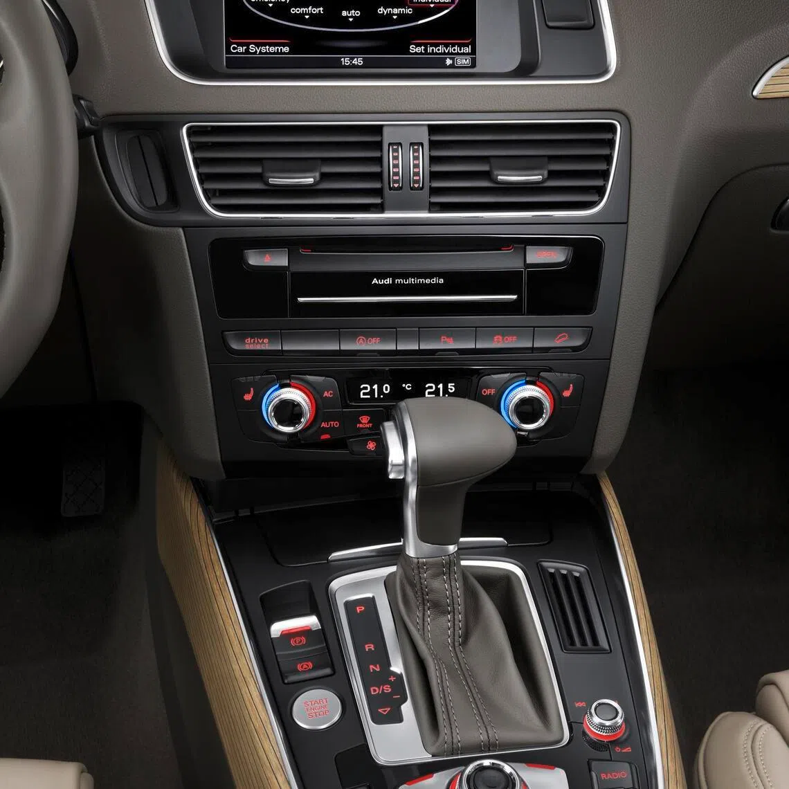 Equipped with a direct-injection turbo engine, an eight-speed Tiptronic gearbox (pictured) and an engine stop-start system, the Audi Q5 2.0 Quattro is now more efficient than before.